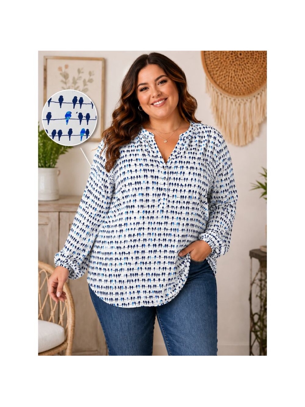 Jane and Delancey Birds on a Wire (Parrots) button front Roll-tab sleeve Blouse - Picture 17 of 17